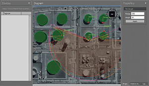 Figure 2: DesSoft 3D wireless diagram showing the top view of a tank farm with wireless devices.